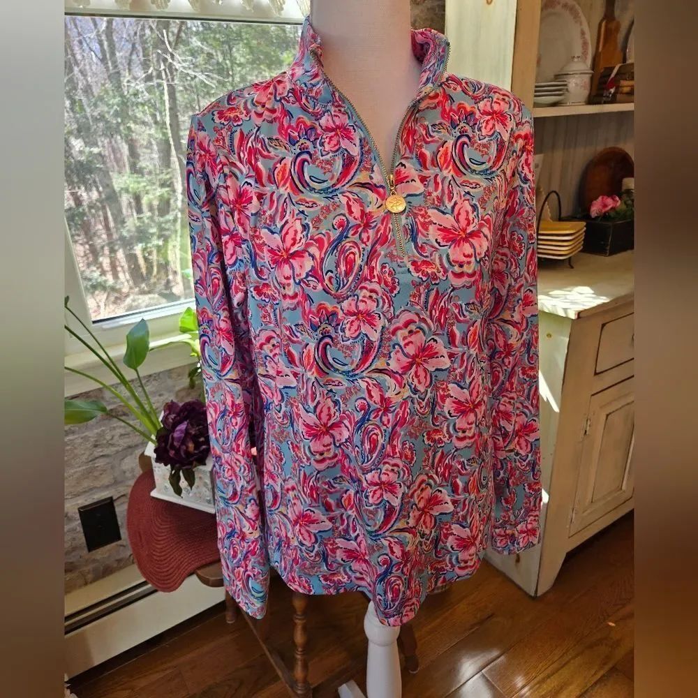 Stella Parker Pink and Blue Floral Quarter-Zip Long Sleeve Top Size S